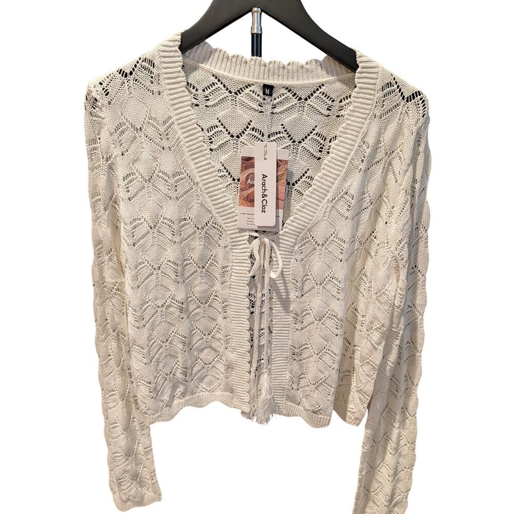 Arach&Cloz White Open Knit Tie Front Cropped Cardigan Sweater M NWT